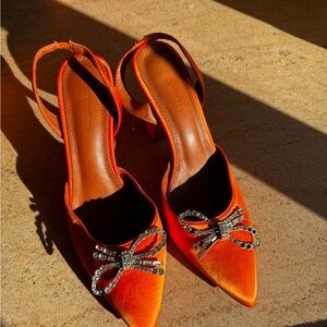 Elegant Orange Velvet Women's Shoes with Rhinestone Bow